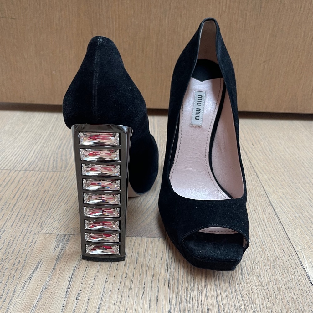 RARE MIU MIU Black Suede Peep Toe Pumps with Crystal Heel (EXCELLENT CONDITION)